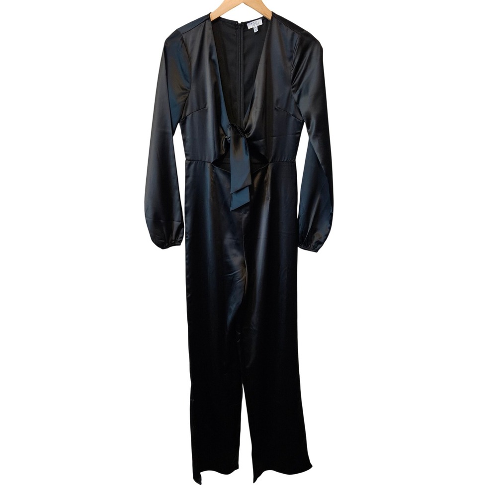 Tobi Black Satin Tie Front Long Sleeve Cutout Jumpsuit Size Small
